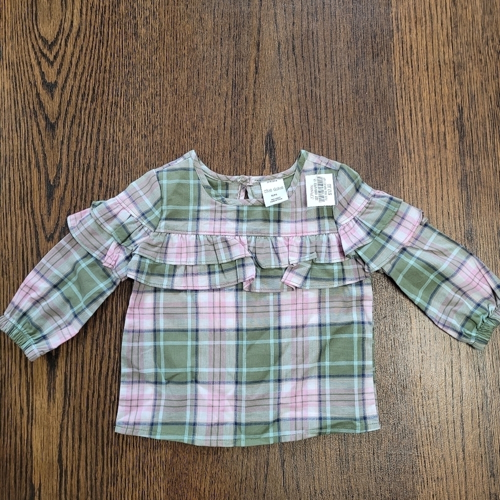 Okie Dokie Green and Pink Plaid Top Size Infant Girl's 6 Months NEW with Tags